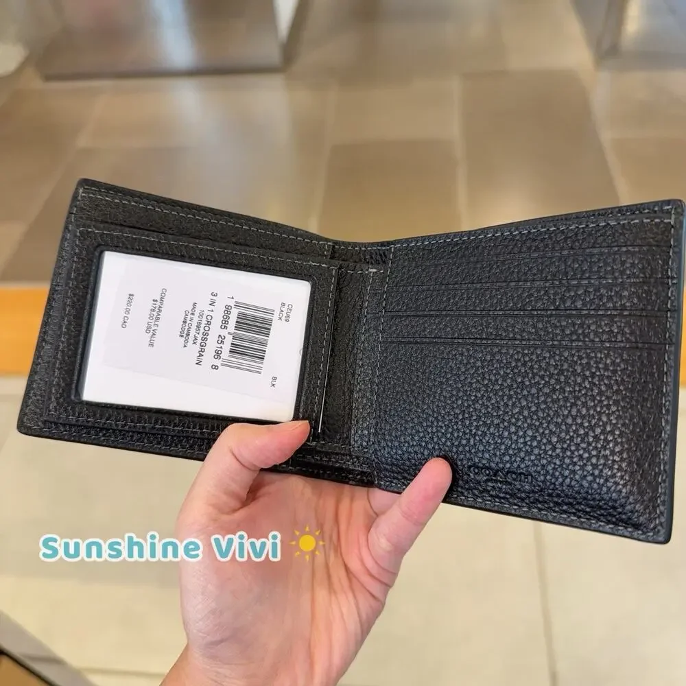 NWT Coach Men's 3-In-1 Wallet in Signature Leather Black CEU69